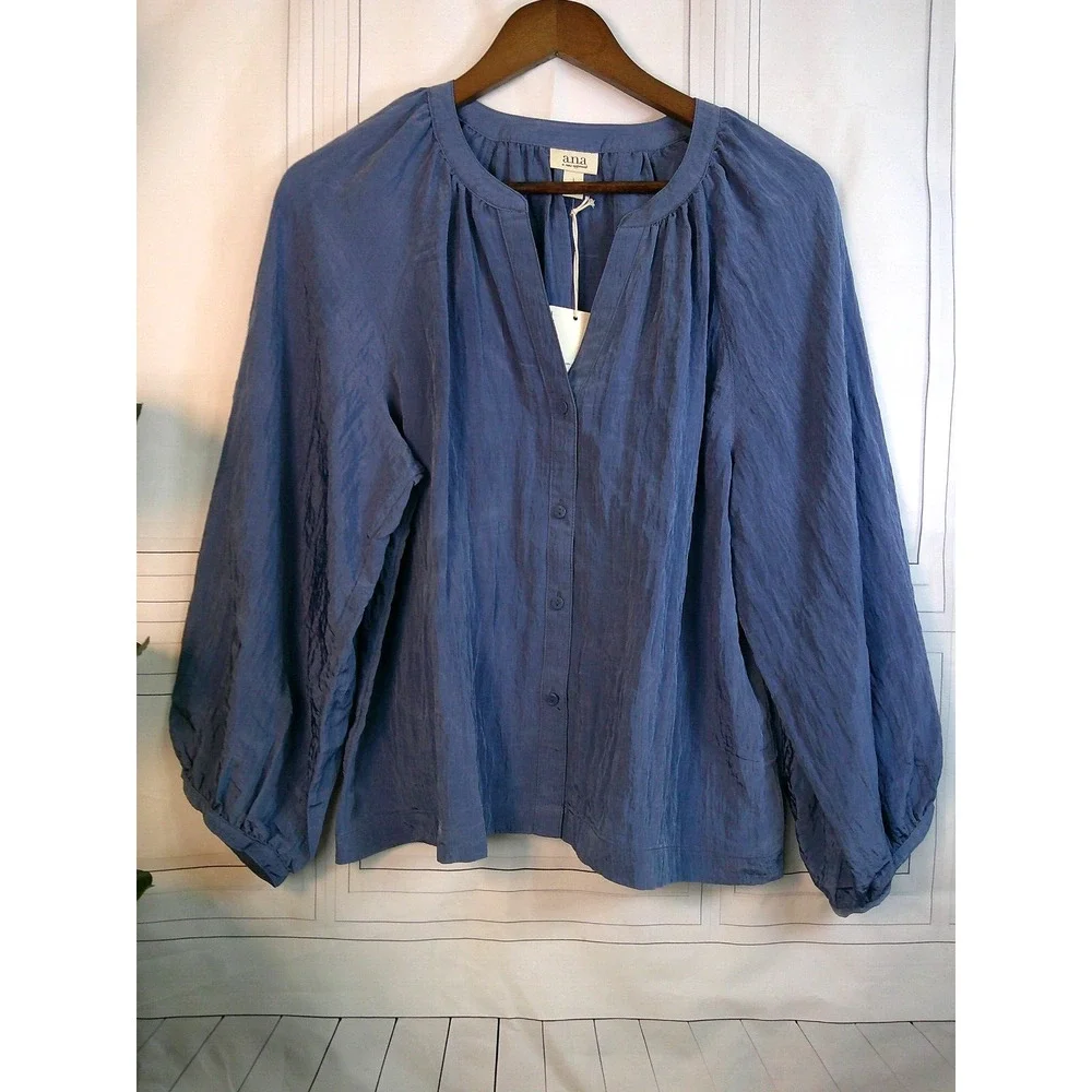 a.n.a. Blue Crinkled Polyester Long Sleeve Top Blouse-Large NWT/RTL $44 - Picture 2 of 11